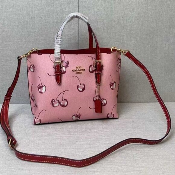 COACH Mollie Tote 25 2way Shoulder Bag Canvas Leather Cherry Pink CR293 Outlet - Picture 2 of 8